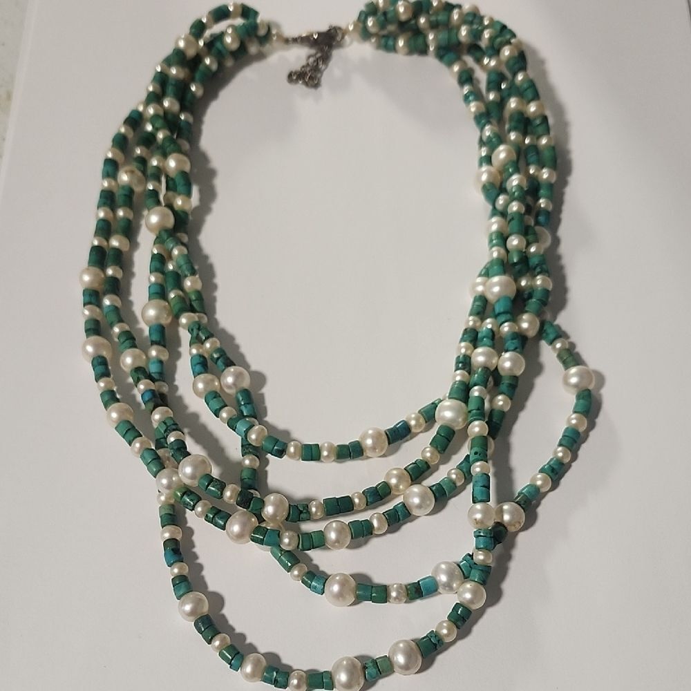 Lucas Lameth Turquoise And Pearl Beaded Necklace Sterling Silver 925 Clasp
